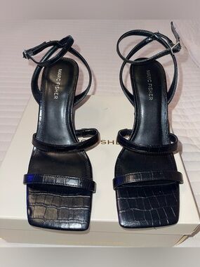 Marc Fisher Black Croc-Embossed Strappy Heels